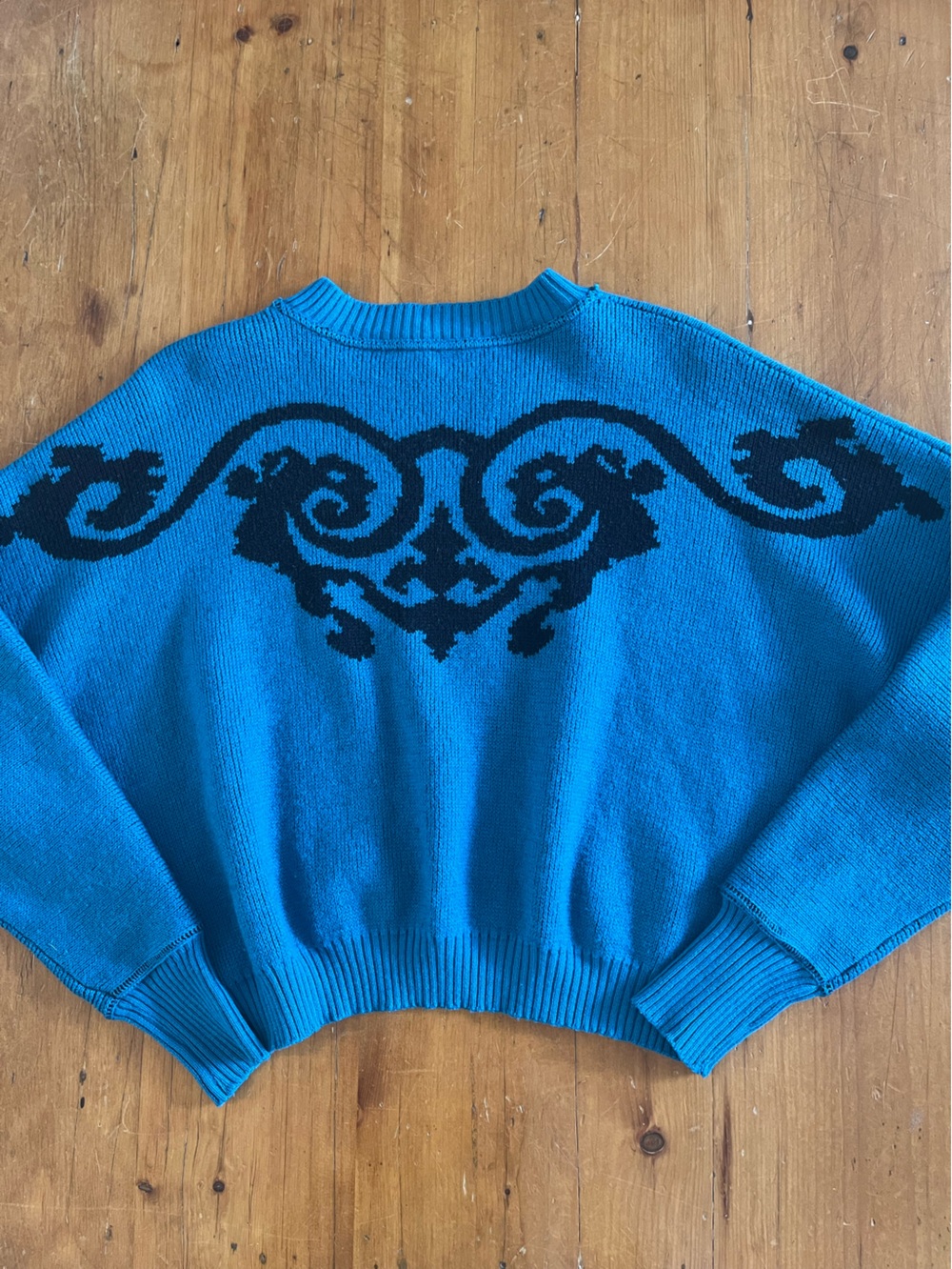 Vintage I Blues Italian Wool Teal with Black Pattern Dolman Drop Sleeve Sweater - Picture 9 of 12
